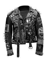 Black and White Patches Jacket Studded Genuine Leather Punk Men